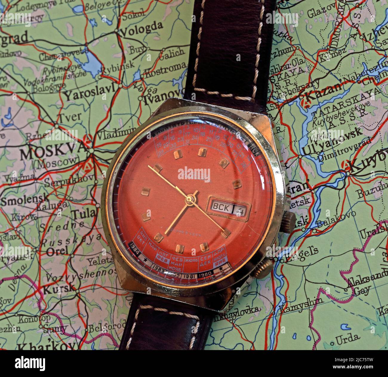 Raketa perpetual calendar watch, from the old CCCP / USSR, Russia - a product of the Moscow watch factory number one, on a Russian map Stock Photo