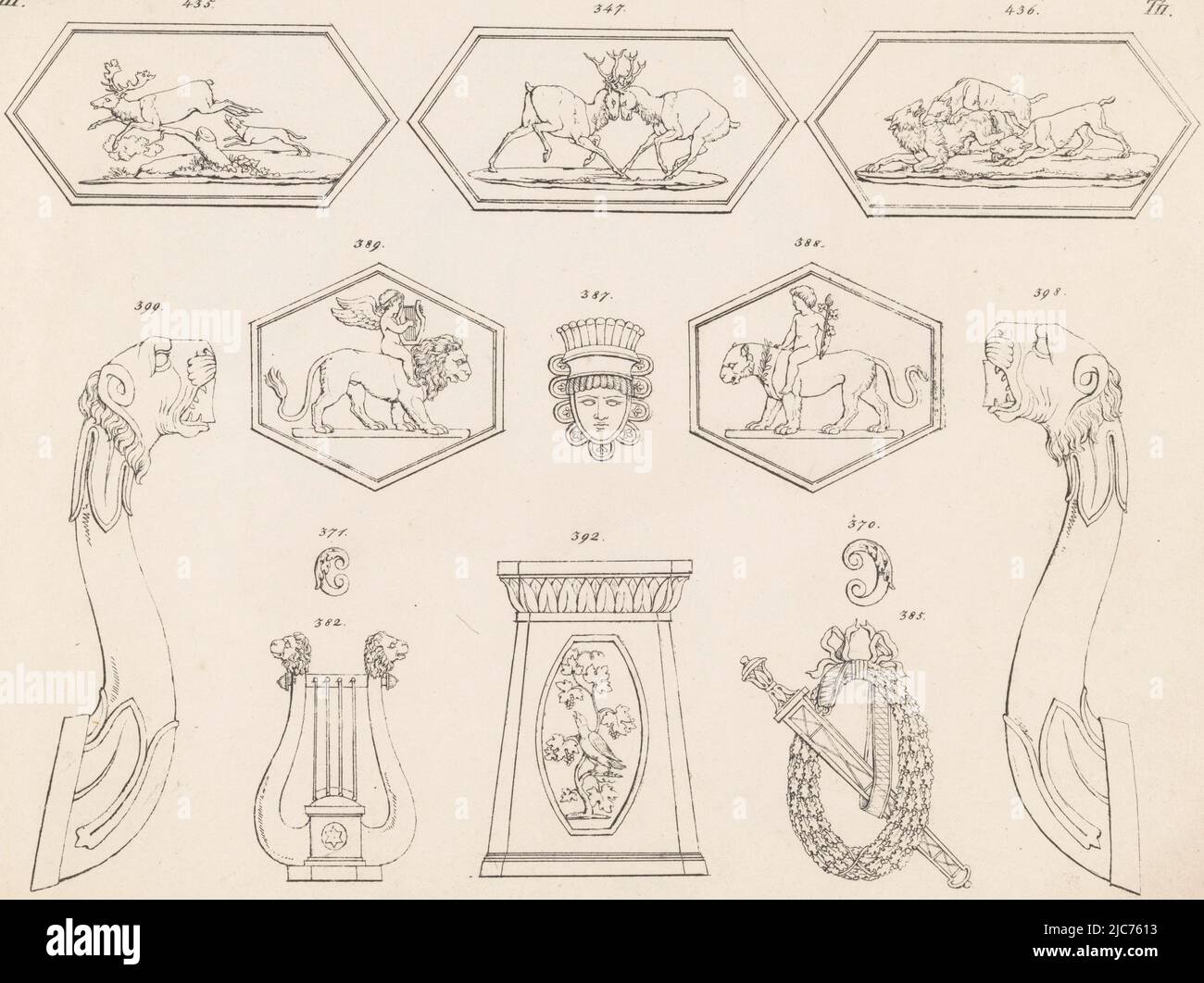 Designs for ornaments and frames with fighting animals, putti on lions, lion heads, a lyre and a wreath. All objects are numbered. Top left III numbered. Print is part of an album with a series of six ornaments. Ornaments with Animals, print maker: anonymous, , Germany, after 31-Oct-1817, paper, etching, h 229 mm × w 293 mm Stock Photo
