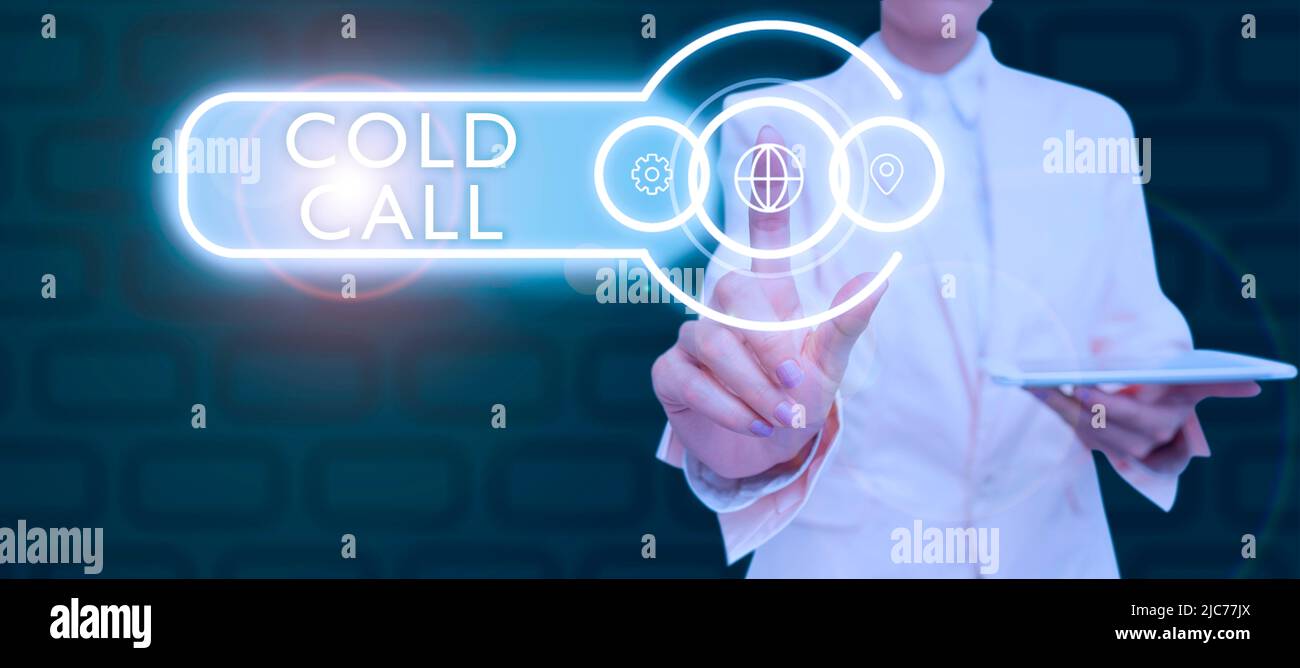 Text sign showing Cold Call. Business approach Unsolicited call made by someone trying to sell goods or services Businessman in suit holding notepad Stock Photo