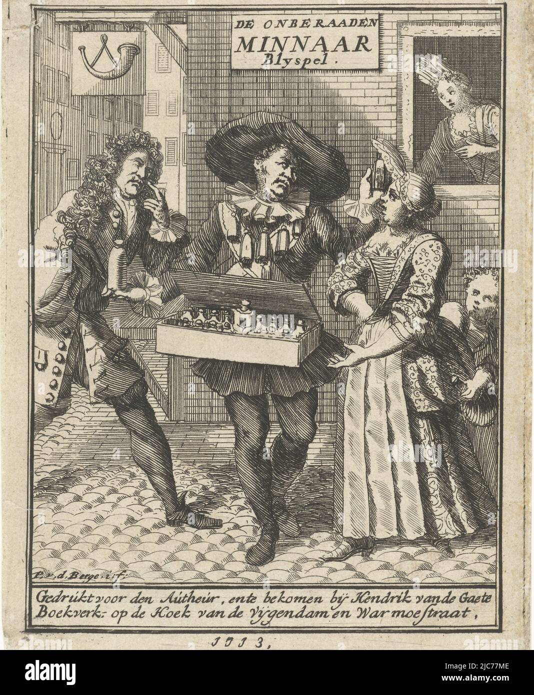 A street vendor with a tray of bottles of cologne is standing between a woman and a man, offering his wares. A second woman looks out of her window with interest, Street vendor with bottles of cologne Title page for: H. van Halmael, The Unseasoned Lover, Amsterdam, 1713, print maker: Pieter van den Berge, (mentioned on object), Pieter van den Berge, (mentioned on object), publisher: Hendrik van de Gaete, (mentioned on object), Amsterdam, 1713, paper, etching, h 168 mm × w 128 mm Stock Photo