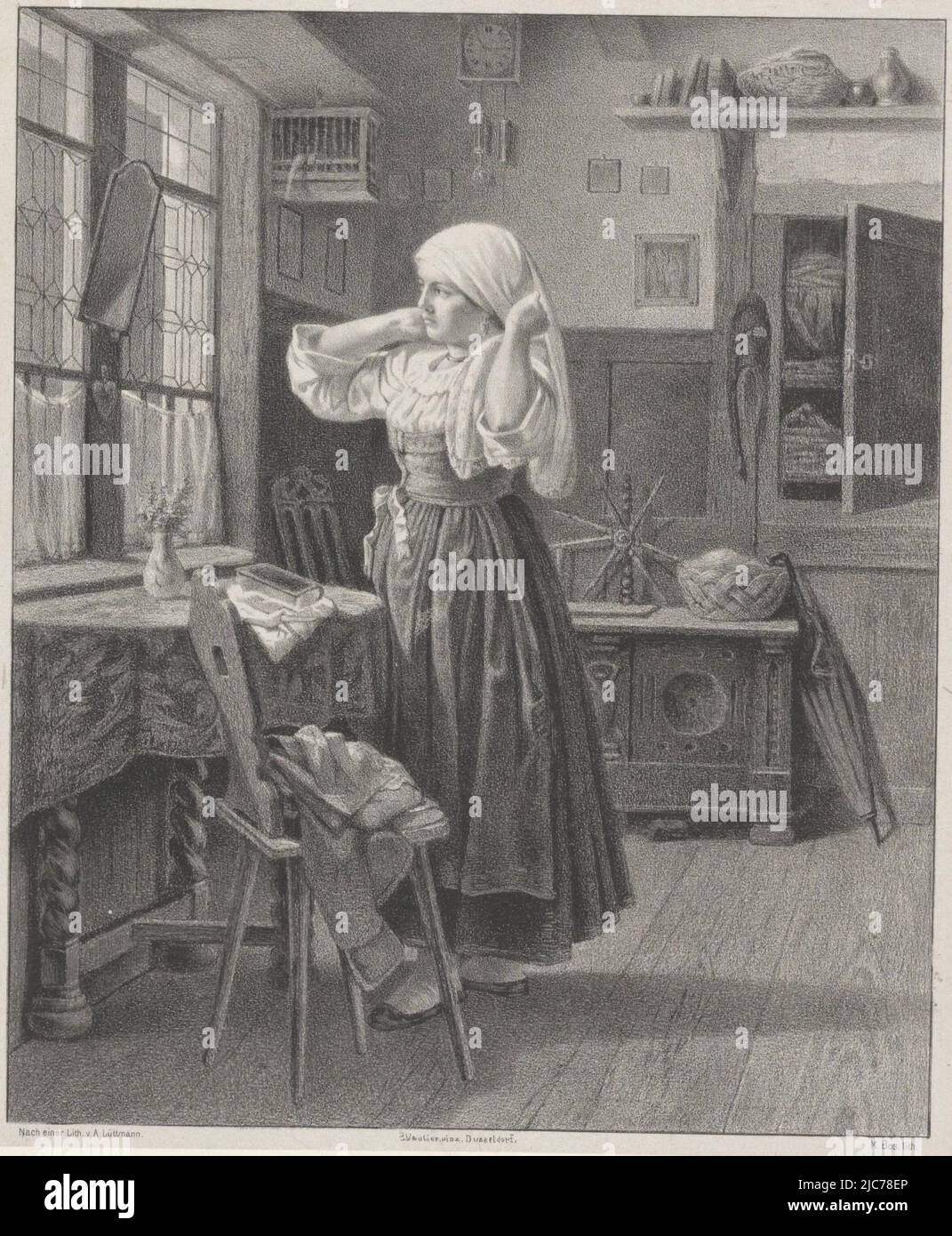 The woman looks into the mirror as she ties her kerchief. On the chair near the table is a coat. Behind her, the door to a closet is open, Woman dresses by the window Morgentoilette am Sonntage , print maker: Maarten Bos Jz., (mentioned on object), A. Lüttmann, (mentioned on object), after: Benjamin Vautier, (mentioned on object), print maker: Netherlands, after: Düsseldorf, 1841 - 1902, paper, h 418 mm × w 305 mm Stock Photo