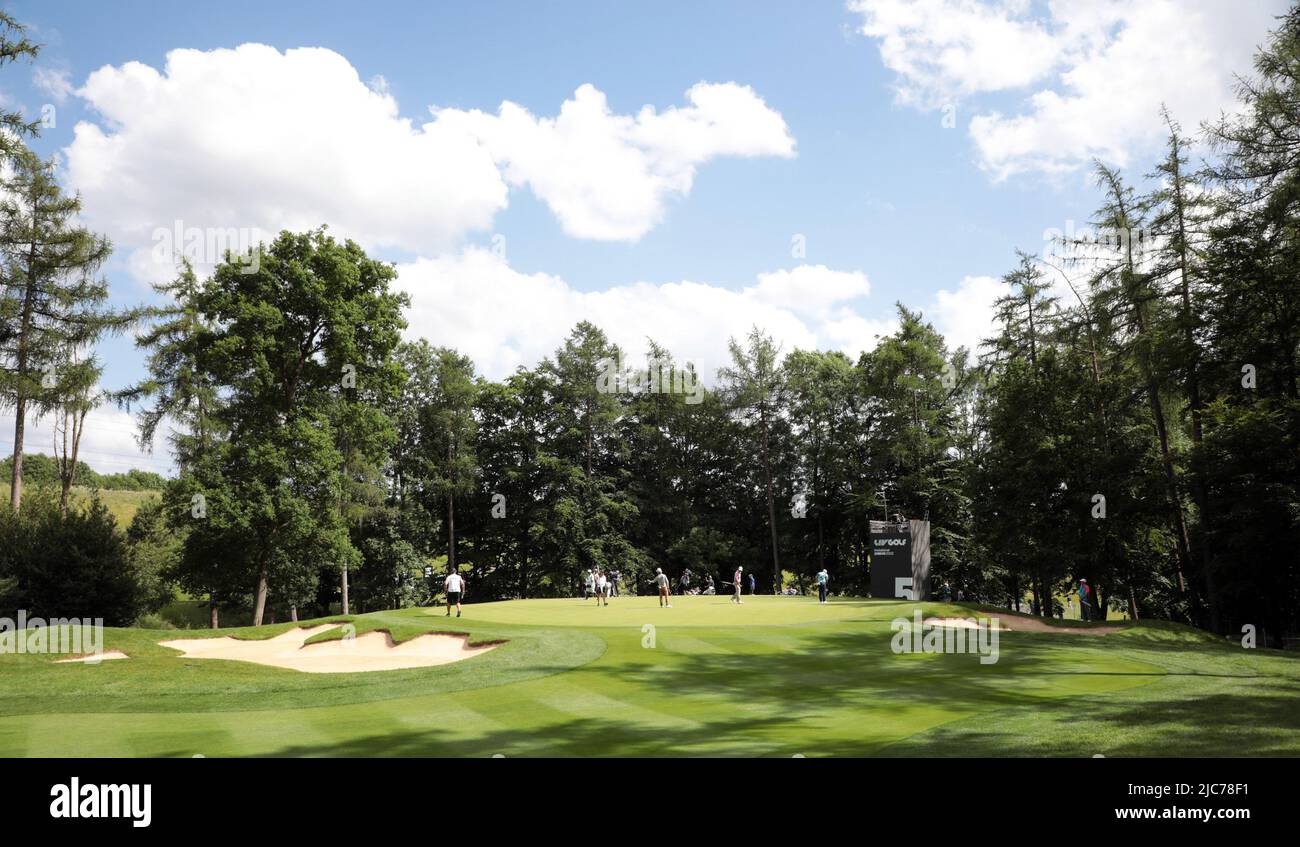 London, UK. 10th June, 2022. South African Charl Schwartzel on the second green during the second round of the inaugural LIV Golf event at the Centurion club in Hertfordshire on Friday, June 10, 2022.The event is 12 teams of four players competing over 54 holes for a prize pot of $25million dollars to the winning team. Photo by Hugo Philpott/UPI Credit: UPI/Alamy Live News Stock Photo