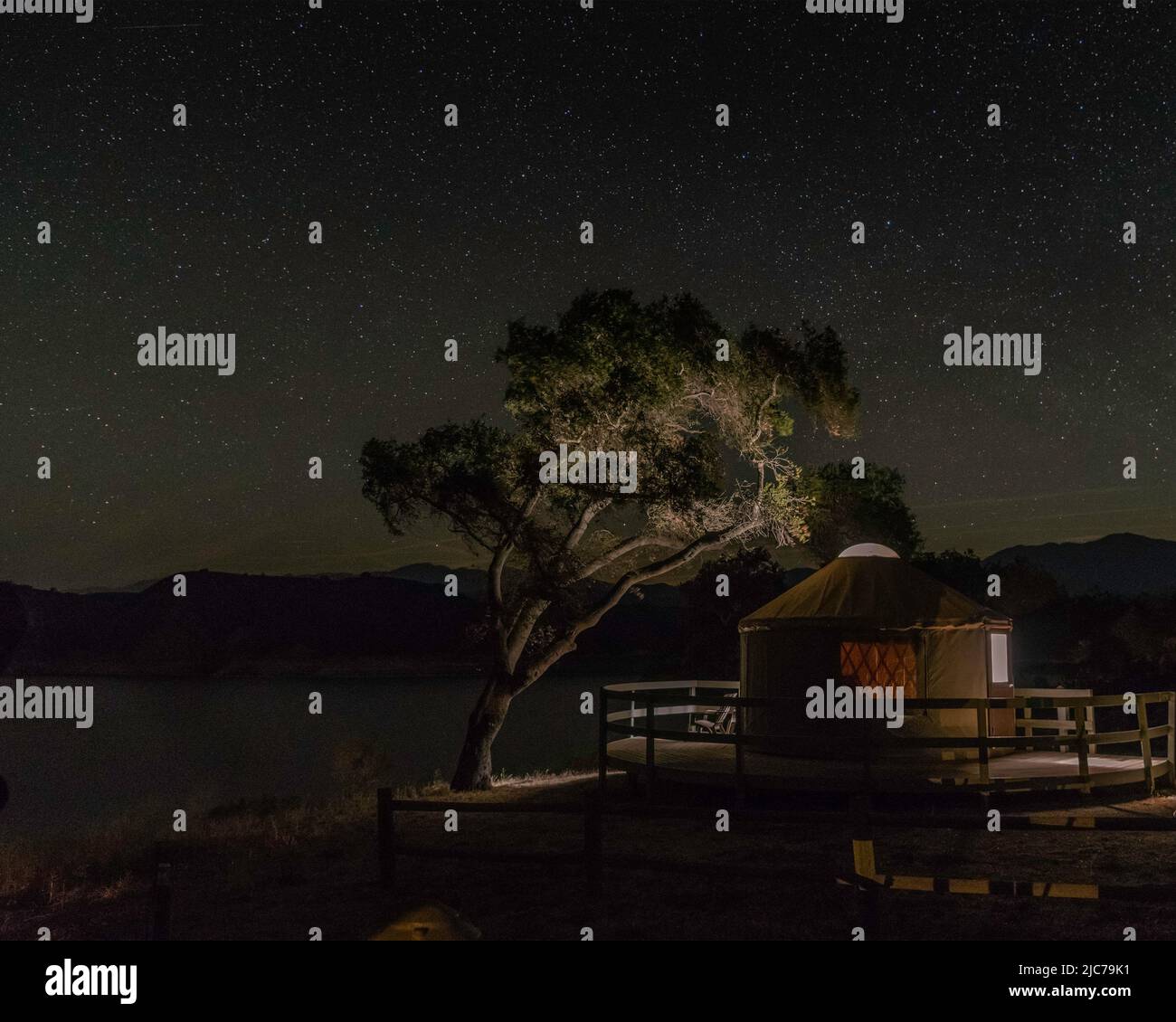 Exterior of a yurt at night under a starry sky, Lake Cachuma, Santa Barbara County, CA. Stock Photo