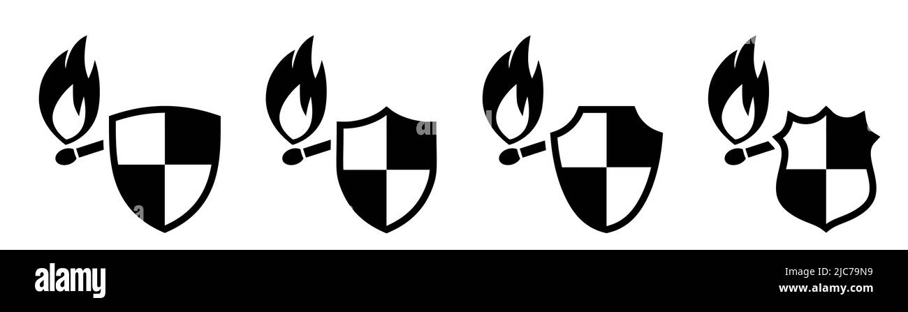 Burning match icon behind shield, different versions. Protection from fire concept Stock Vector