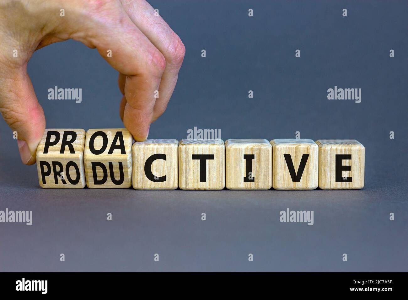 Proactive and productive symbol. Businessman turns cubes and changes