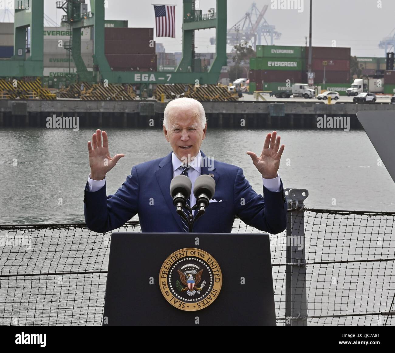 San Pedro, USA. 10th June, 2022. President Joe Biden discusses efforts to streamline global supply chains and counter rising prices, painting the issue as a worldwide problem fueled by Russian aggression in Ukraine aboard the Battleship Iowa museum in San Pedro, California on Friday, June 10, 2022. Biden referred to 'Putin's Price Hike'' for driving up the cost of energy and food, which he said accounted for the vast majority of 8.6% inflation rate in May compared to the same month a year ago. Photo by Jim Ruymen/UPI. Credit: UPI/Alamy Live News Stock Photo
