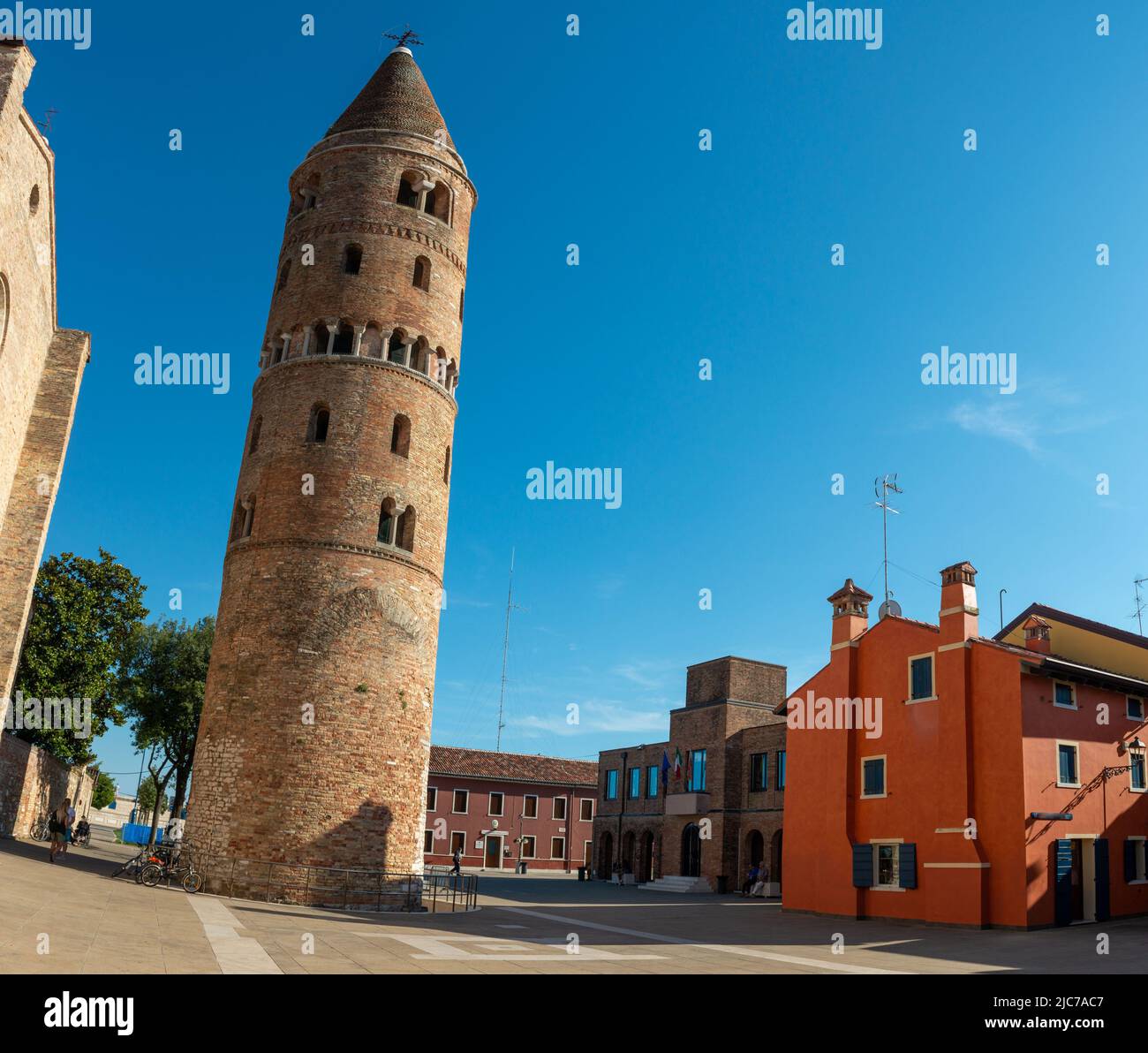 The characteristic bell tower of the Cathedral of Caorle Stock Photo