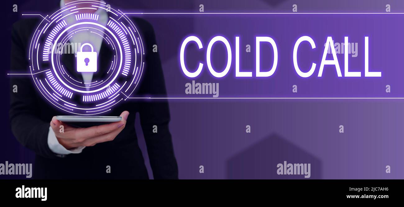 Text showing inspiration Cold Call. Conceptual photo Unsolicited call made by someone trying to sell goods or services Businessman in suit holding Stock Photo