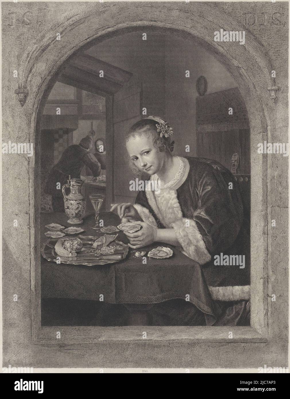 A young woman, dressed in short jacket with fur trim, sits at a table on which are a bowl of oysters, a glass of wine and a pitcher. She holds an oyster in her left hand. Behind her a bed with closed curtains. In the background left, a second room in which a woman is watching a man open oysters. The entire scene is seen through an arched window. The initials of the painter and printmaker are inscribed in the wall above the window. Below the print is a caption relating to the then location of the original painting by Jan Steen: the cabinet of jonkheer Hendrik Six van Hillegom, The Oyster Eater Stock Photo