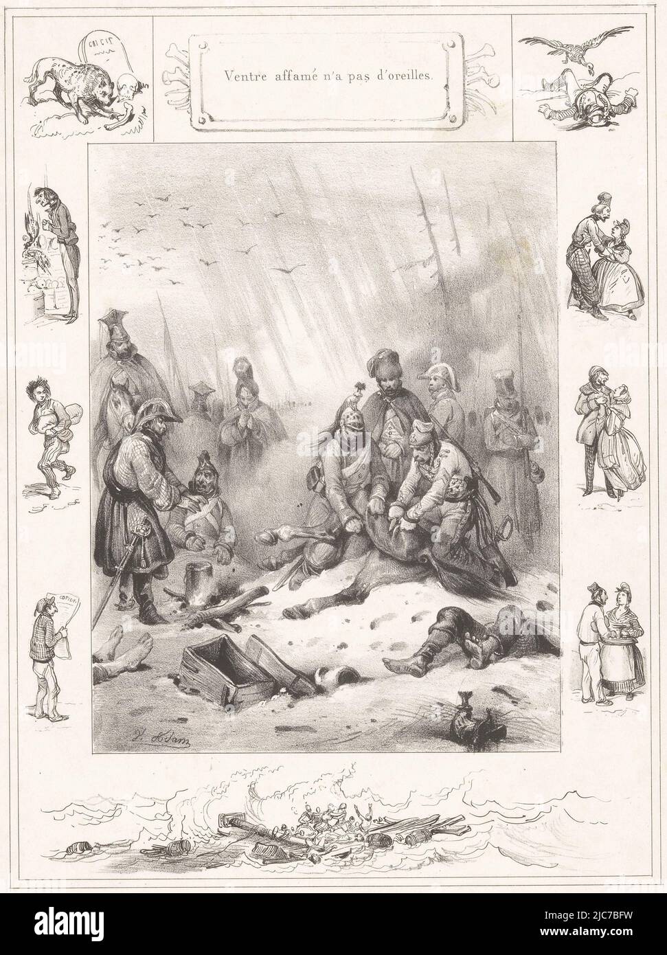In a bleak winter landscape, hungry soldiers cut into a dead horse. In the foreground, corpses lie in the snow. Other examples of the proverb are shown in the frame around the main scene. He who is hungry is capable of anything Ventre affam, print maker: Victor Adam, (mentioned on object), printer: Benard Lemercier & Cie, (mentioned on object), publisher: Eugène Bulla & Eugène Jouy, (mentioned on object), Paris, 1840, paper, h 353 mm × w 267 mm Stock Photo