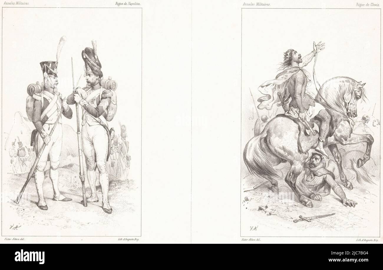 On the left a grenadier and a fusilier of the Imperial Guard. On the right King Clovis on horseback during the Battle of Tolbiac, while invoking the God of his wife Clothildis, Two representations showing infantrymen of the Imperial Guard and King Clovis on horseback Ann, print maker: Victor Adam, (mentioned on object), printer: Auguste Bry, (mentioned on object), Paris, 1830 - 1880, paper, h 271 mm × w 356 mm Stock Photo