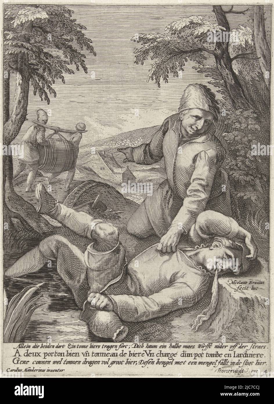 Two men carry a barrel of beer to a pub. In the ditch lies a drunkard with a jug in his hand. A fourth man points out the keg to him. With three lines of caption in German, French and Dutch: Gene connen wel tonnen dragen vol grote bier, Desen bengel met een mengsel fallt in de sloot hier, He is over his beer (?) Four proverbs , print maker: Nicolaas Braeu, (mentioned on object), Karel van Mander (I), (mentioned on object), publisher: Jacques Honervogt (I), (mentioned on object), print maker: Haarlem, Haarlem, publisher: Paris, c. 1608 - c. 1666, paper, engraving, h 235 mm × w 170 mm Stock Photo