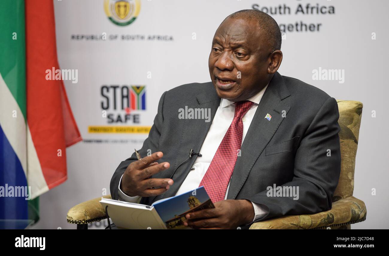 Cape Town, South Africa. 10th June, 2022. South African President Cyril Ramaphosa answers questions about the BRICS partnership during a media briefing in Cape Town, South Africa, on June 10, 2022. Ramaphosa on Friday said his country wants to see a 'greater and deeper partnership' with other members of BRICS, an 'attractive' bloc that many other countries have confidence in. Credit: Xabiso Mkhabela/Xinhua/Alamy Live News Stock Photo