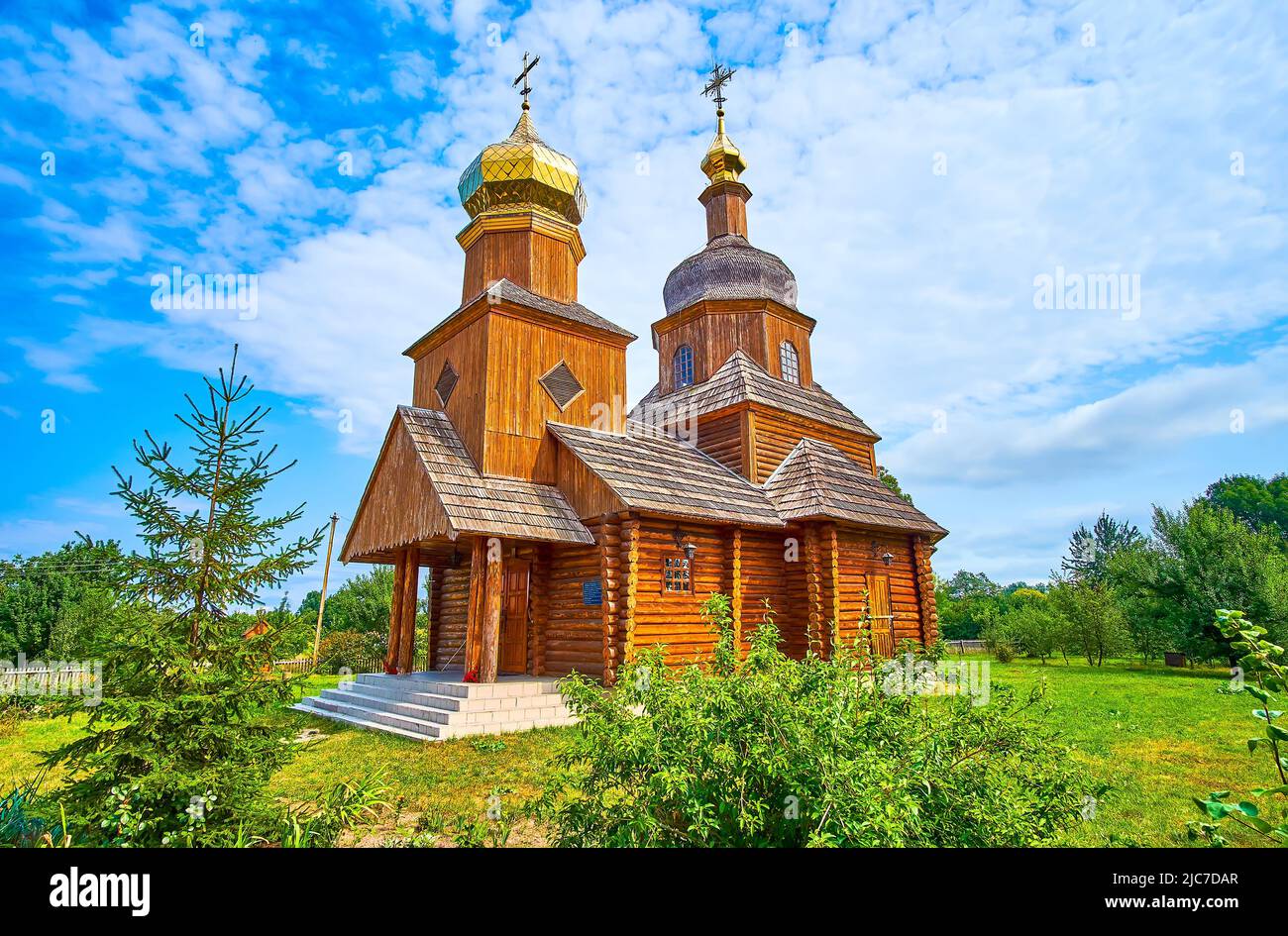 The small rural Church of the Intercession located in quiet village Cherevki aside main tourist routes in Ukraine Stock Photo