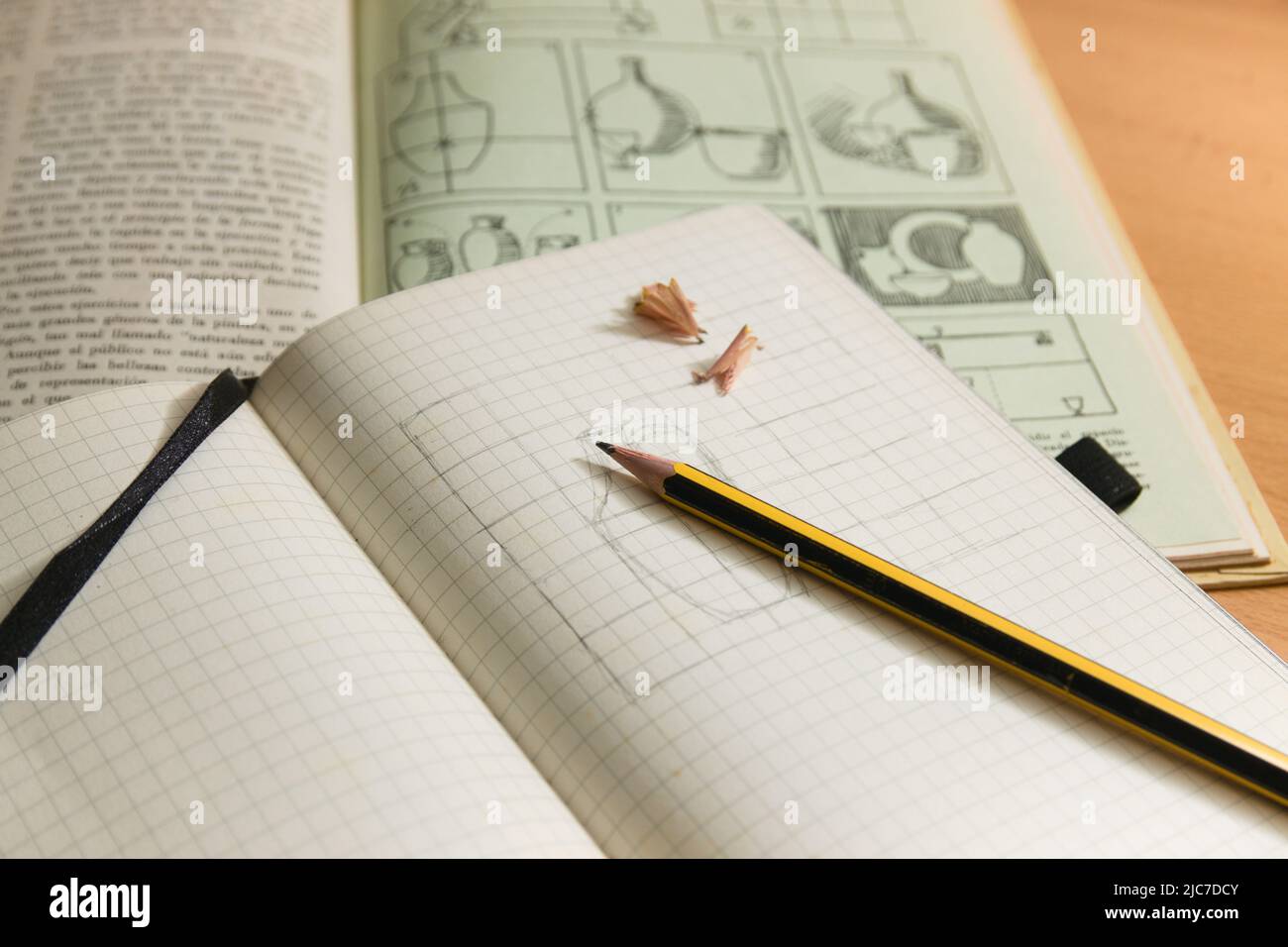 Close-up of a notepad on which someone has drawn a pencil sketch copied from the original shown in the background Stock Photo