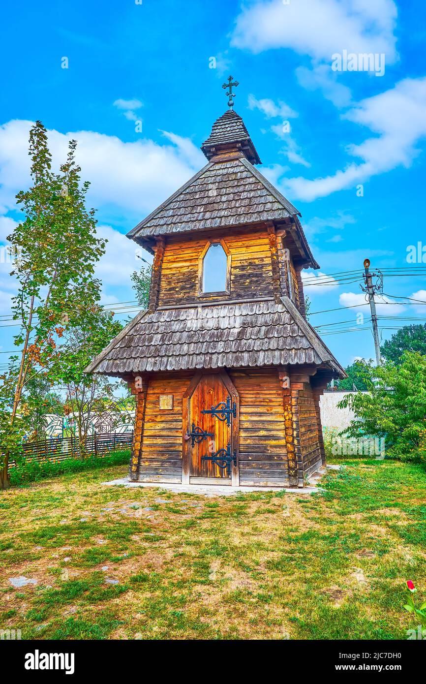 The typical Ukrainian rural wooden church, Sorochyntsi village, Ukraine Stock Photo