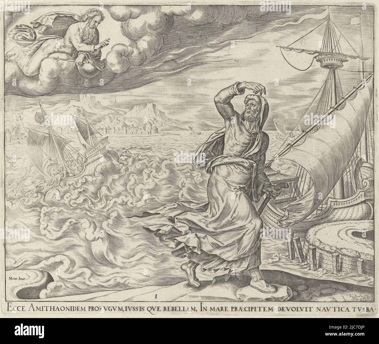 Jonah stands on the shoreline looking at God who is on a cloud and talking to him. At the quay wall is the ship in which Jonah flees. On the water, Jonah can be seen being thrown overboard later, God commands Jonah to go to Nineveh History of Jonah , print maker: Philips Galle, Maarten van Heemskerck, (mentioned on object), publisher: Theodoor Galle, print maker: Haarlem, publisher: Antwerp, 1596 - 1633, paper, engraving, h 207 mm × w 248 mm Stock Photo