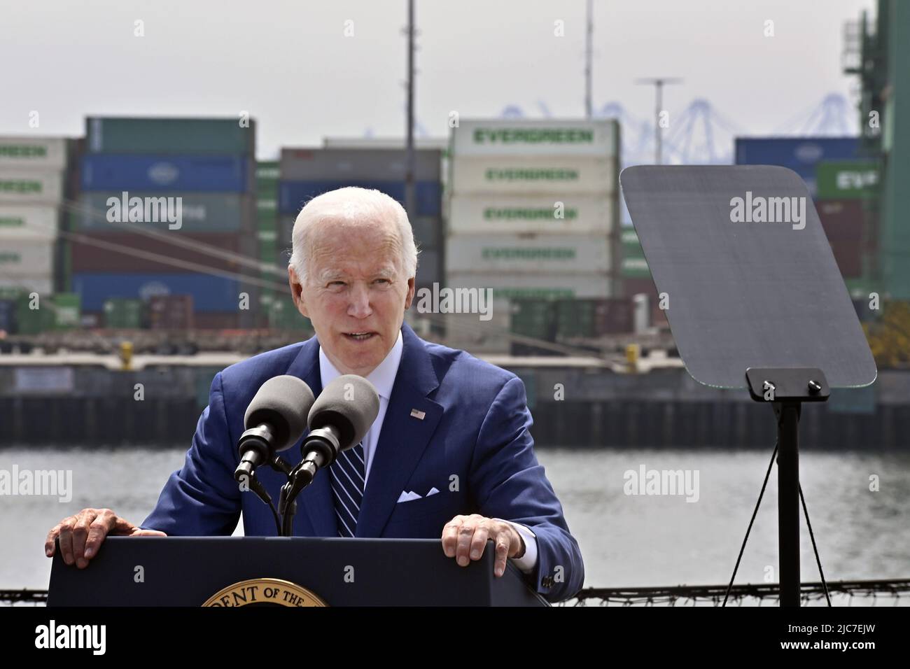 San Pedro, USA. 10th June, 2022. President Joe Biden discusses efforts to streamline global supply chains and counter rising prices, painting the issue as a worldwide problem fueled by Russian aggression in Ukraine aboard the Battleship Iowa museum in San Pedro, California on Friday, June 10, 2022. Biden referred to 'Putin's Price Hike'' for driving up the cost of energy and food, which he said accounted for the vast majority of 8.6% inflation rate in May compared to the same month a year ago. Photo by Jim Ruymen/UPI. Credit: UPI/Alamy Live News Stock Photo