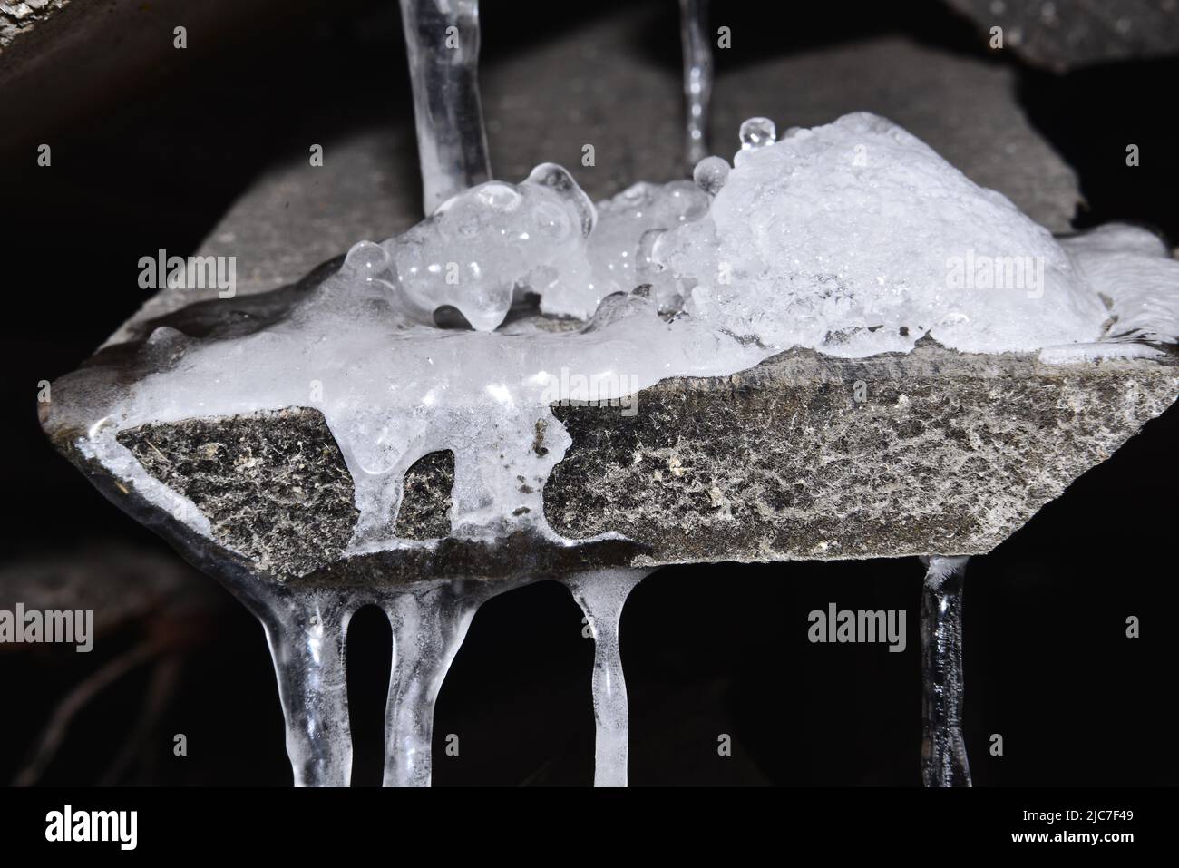 The water on the roof that froze in the low temperature. Stock Photo