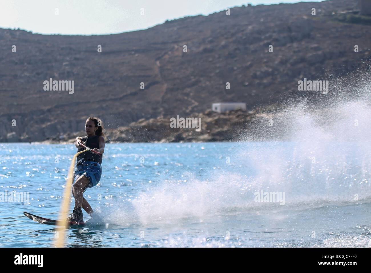 Performing Water Mono Ski Slalom at Elia Beach in Mykonos Stock Photo Alamy