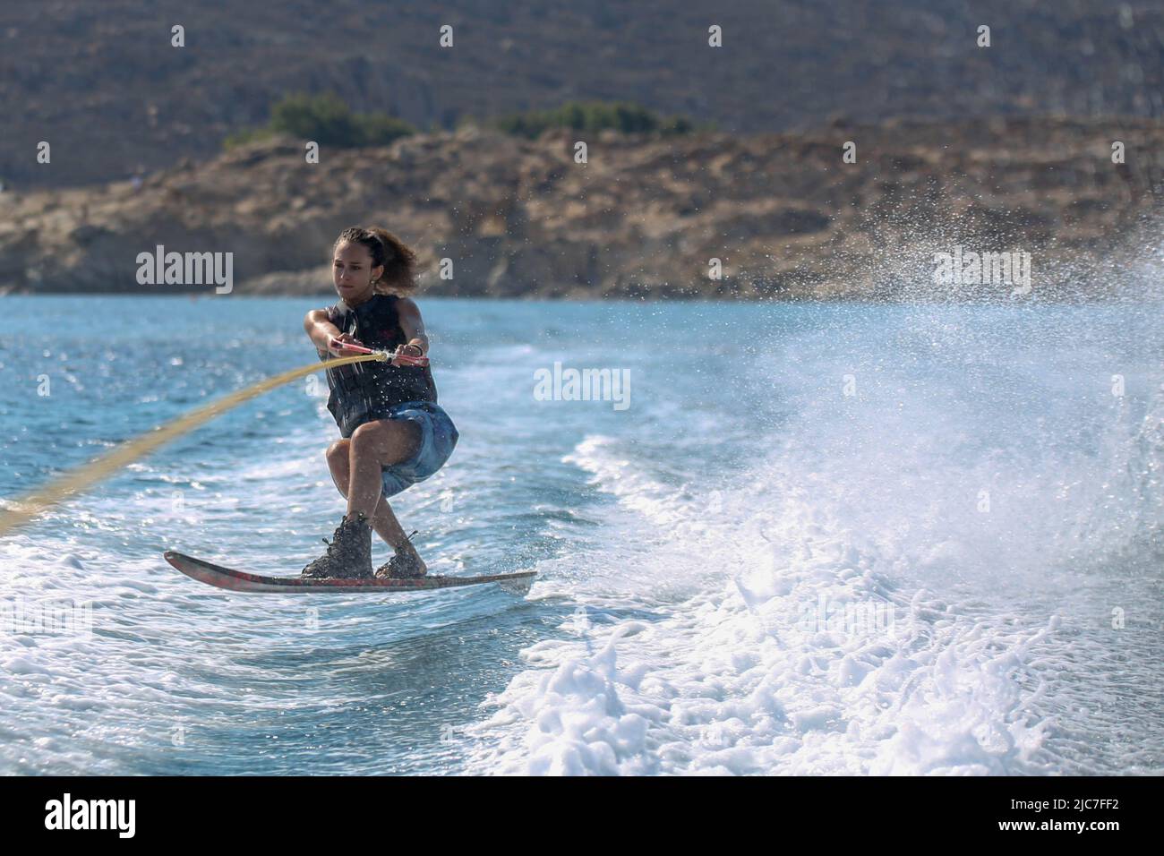 Performing Water Mono Ski Slalom at Elia Beach in Mykonos Stock Photo Alamy