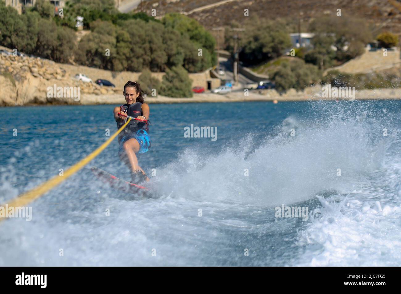 Performing Water Mono Ski Slalom at Elia Beach in Mykonos Stock Photo Alamy