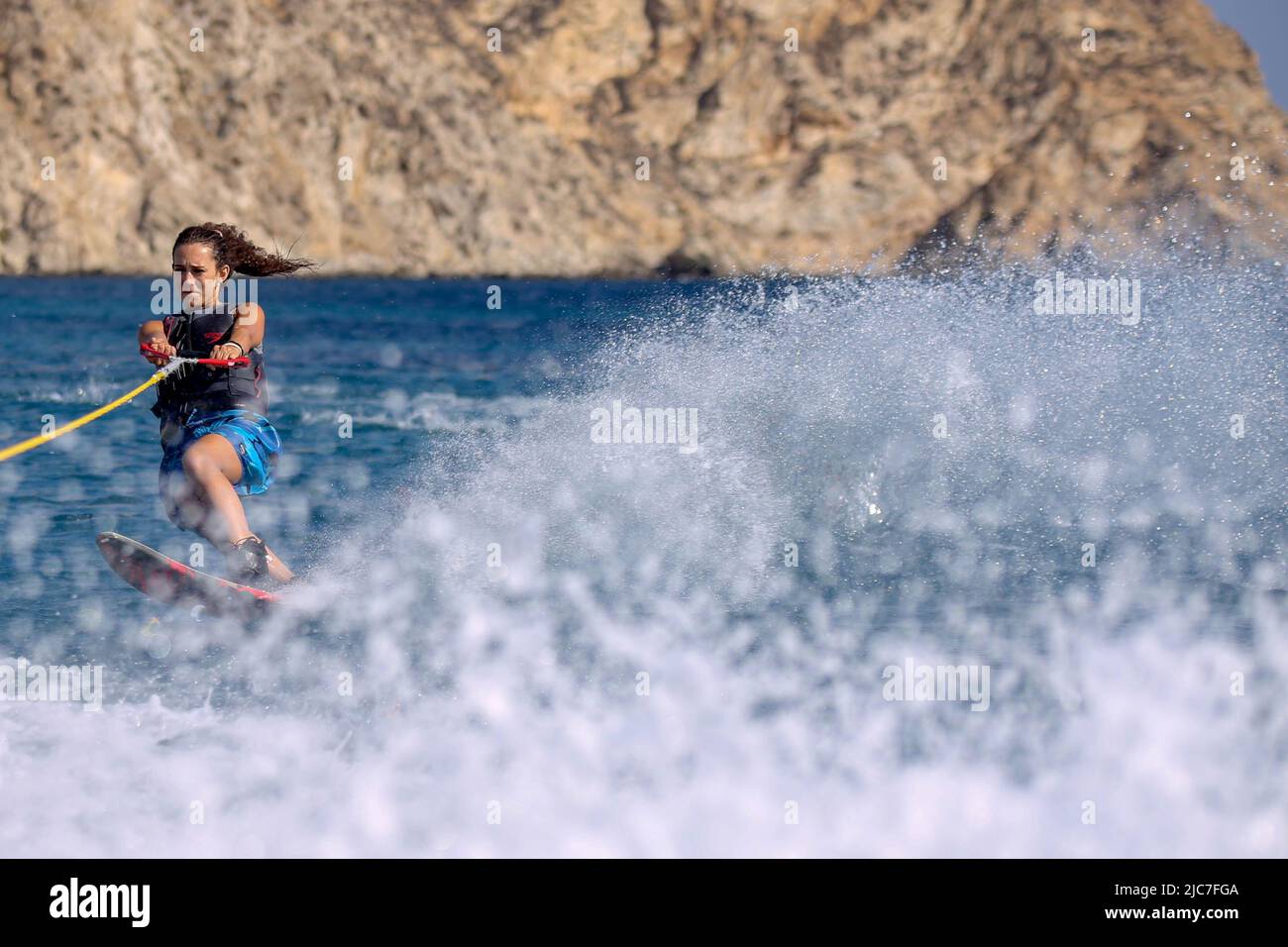 Performing Water Mono Ski Slalom at Elia Beach in Mykonos Stock Photo Alamy