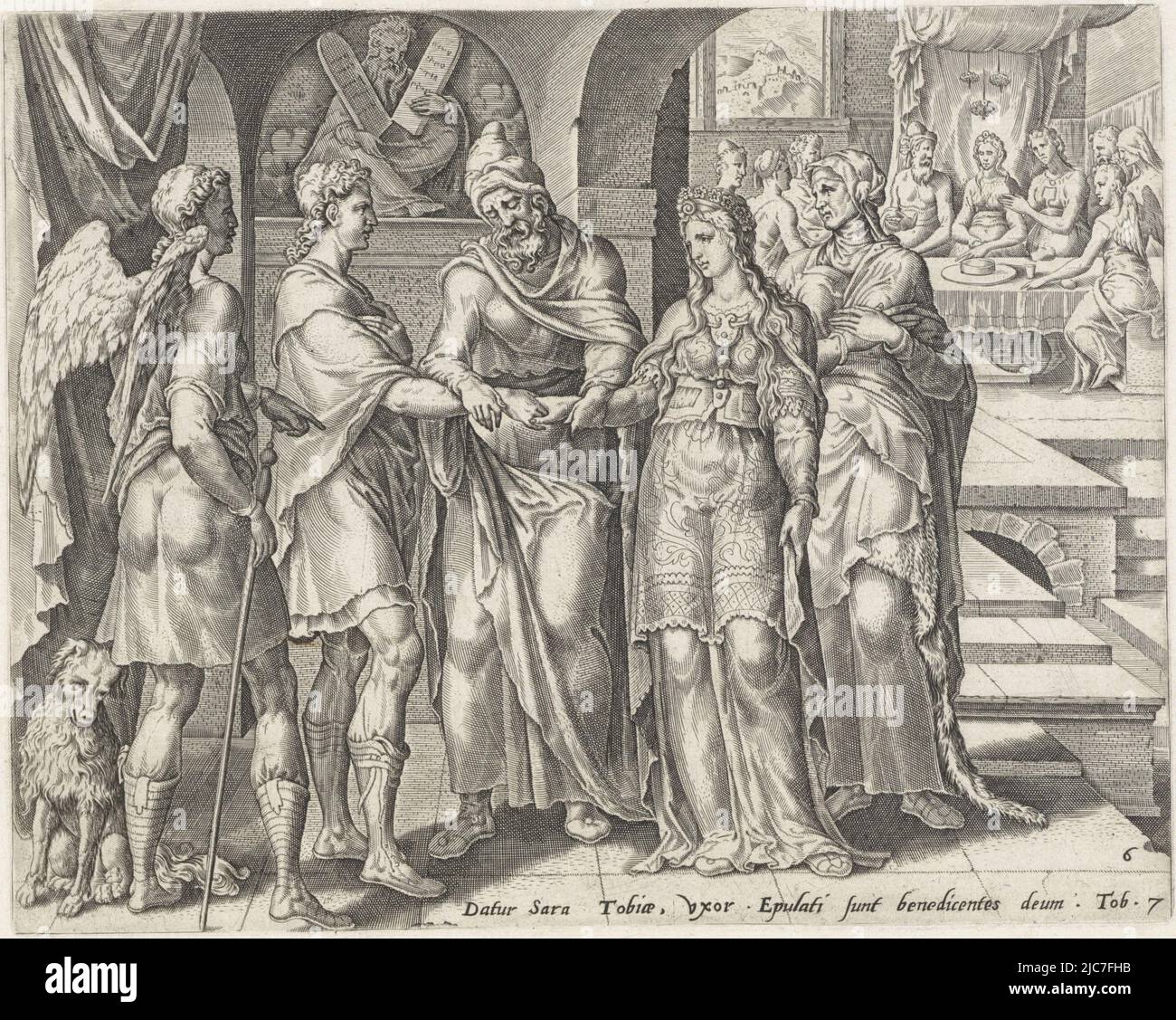 Raguel marries Tobias and Sara, while the archangel Raphael and Raguel's wife Edna look on. Back right, Tobias asks before the meal has begun if Sara may become his wife. Below in the margin, a one-line caption in Latin from Tobit 7. Marriage of Tobias and Sara Story of Tobias , print maker: anonymous, print maker: Cornelis Cort, (attributed to), Maarten van Heemskerck, print maker: Low Countries, publisher: Antwerp, publisher: Antwerp, 1556 - 1633, paper, engraving, h 194 mm × w 245 mm Stock Photo