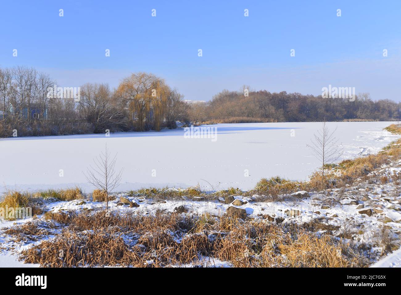 The frozen river Mures in the middle of winter Stock Photo