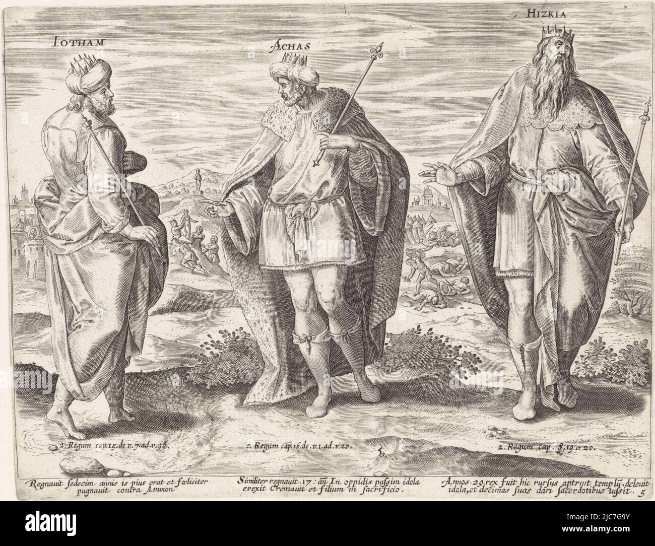 The kings Jotam, Achaz and Hezekiah. In the background some important ...