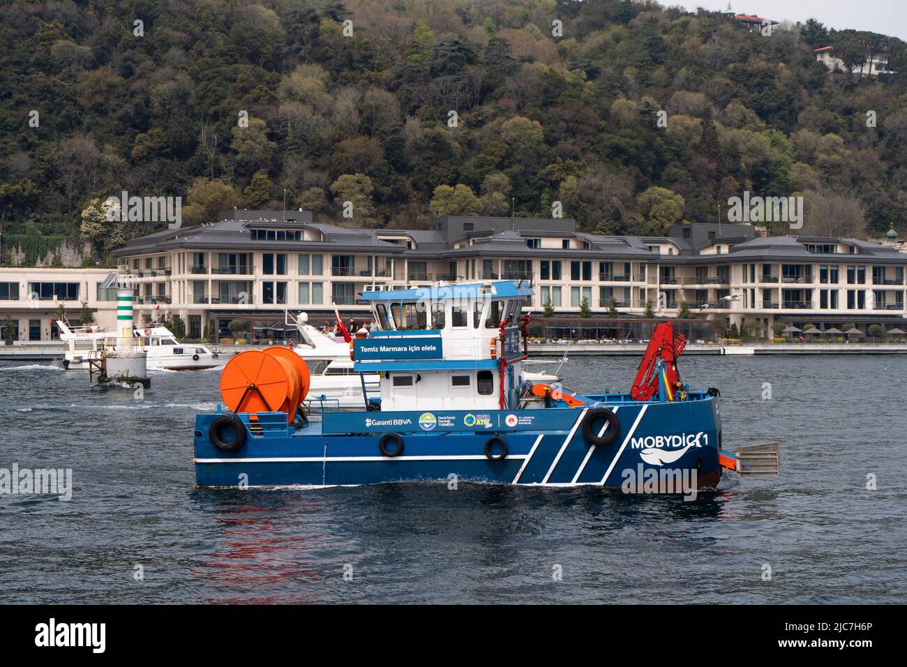 Sea Surface Cleaning Vessel called Mobidick on the Sea at Bosphorus Stock Photo