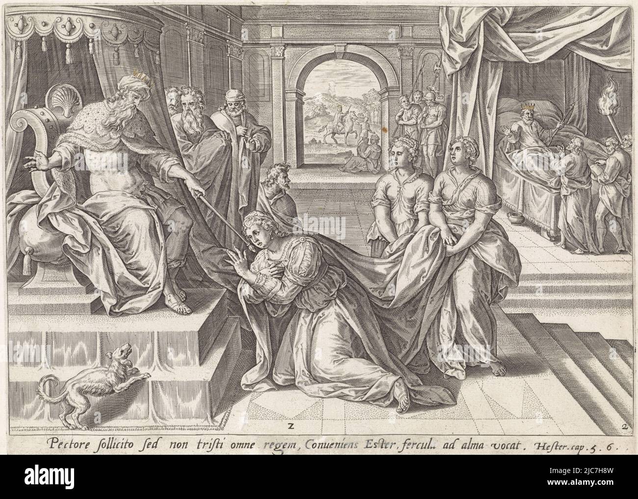 Esther kneels before King Ahasuerus. The king points his scepter at her as a sign of affection. Esther requests the king to come with Haman to the banquet she has arranged. In the background on the right is the continuation of the story. In the evening, the king has a reading from the chronicles of the kingdom. It says that Mordecai foiled an attempt on the king's life. The king asks Haman, who is standing by the bed, how someone who saved the king's life should be honored. In the background, Mordecai can be seen being wheeled around in the king's robe and on his horse, while Haman shows him Stock Photo