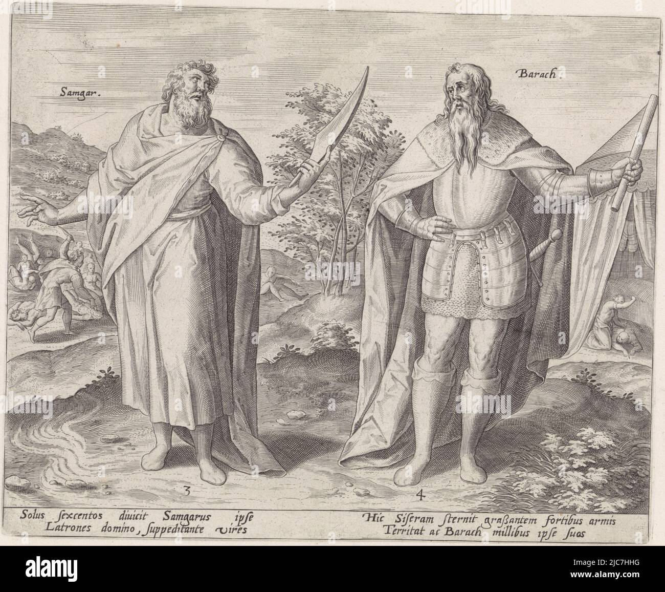 The Judges Samgar and Barak. Samgar holds an ox prod in his hand and in the background he kills six hundred Philistines with it. Barak is dressed in armor and holds a scepter in his hand. In the background on the right, Jael kills Sisera by driving a tent pole through his head as he sleeps. Below the image explanatory texts in Latin. Samgar and Barak The twelve judges of Israel Thesaurus sacrarum historiarum veteris testamenti , print maker: Hans Collaert (I), (attributed to), Jan Snellinck (I), publisher: Gerard de Jode, Antwerp, 1579 and/or 1585, paper, engraving, h 214 mm × w 261 mm Stock Photo