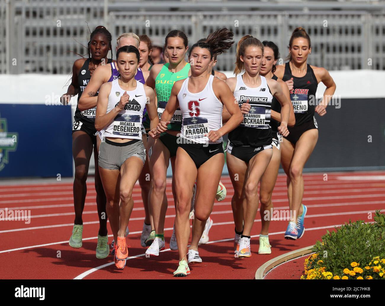 Hayward Field, Eugene, OR, USA. 9th June, 2022. Christina Aragon of Stanford and Micaela Degenero of Colorado lead the pack in the Women's 1500 Meter semi-finals during the 2022 NCAA Track & Field Championships at Hayward Field, Eugene, OR. Larry C. Lawson/CSM (Cal Sport Media via AP Images). Credit: csm/Alamy Live News Stock Photo