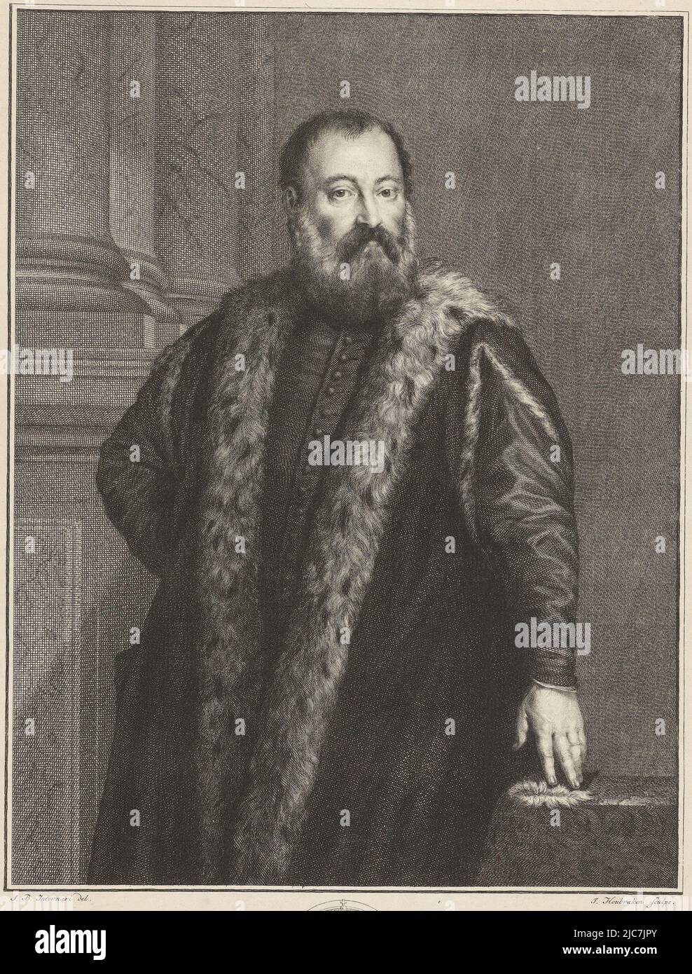 Kneepiece of Alessandro Contarini, dressed in a fur coat, standing in an interior. One hand is on his hip, with the other he rests his fingertips on a table beside him. Below the portrait a coat of arms. On the left four lines in Italian, on the right four lines in French. Bottom right: no. 10. Portrait of Alessandro Contarini Quadro di Paolo Caliari Veronese , print maker: Jacob Houbraken, (mentioned on object), after: Paolo Veronese, (mentioned on object), intermediary draughtsman: Giovanni Battista Internari, (mentioned on object), Amsterdam, 1708 - 1780, paper, engraving, etching, h 354 mm Stock Photo