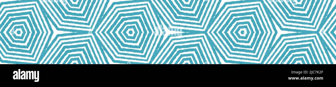 Ikat repeating seamless border. Turquoise symmetrical kaleidoscope background. cute decorative design element for background. Summer ikat sweamwear pa Stock Photo