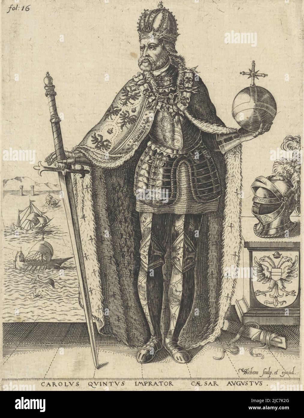 Portrait of Emperor Charles V, wearing crown and richly embroidered, fur-lined cloak. In one hand he holds a large sword, in the other an imperial apple. He is standing next to a pedestal, on which lies the helmet of his armor. The pedestal is decorated with his coat of arms. The background offers a view of the sea, with ships and a dolphin. In the top left corner: fol: 16. Portrait of Charles V of Habsburg, German Emperor, King of Spain Carolus Quintus Imprator[sic!] Caesar Augustus , print maker: Christoffel van Sichem (I), (mentioned on object), publisher: Christoffel van Sichem (I), ( Stock Photo