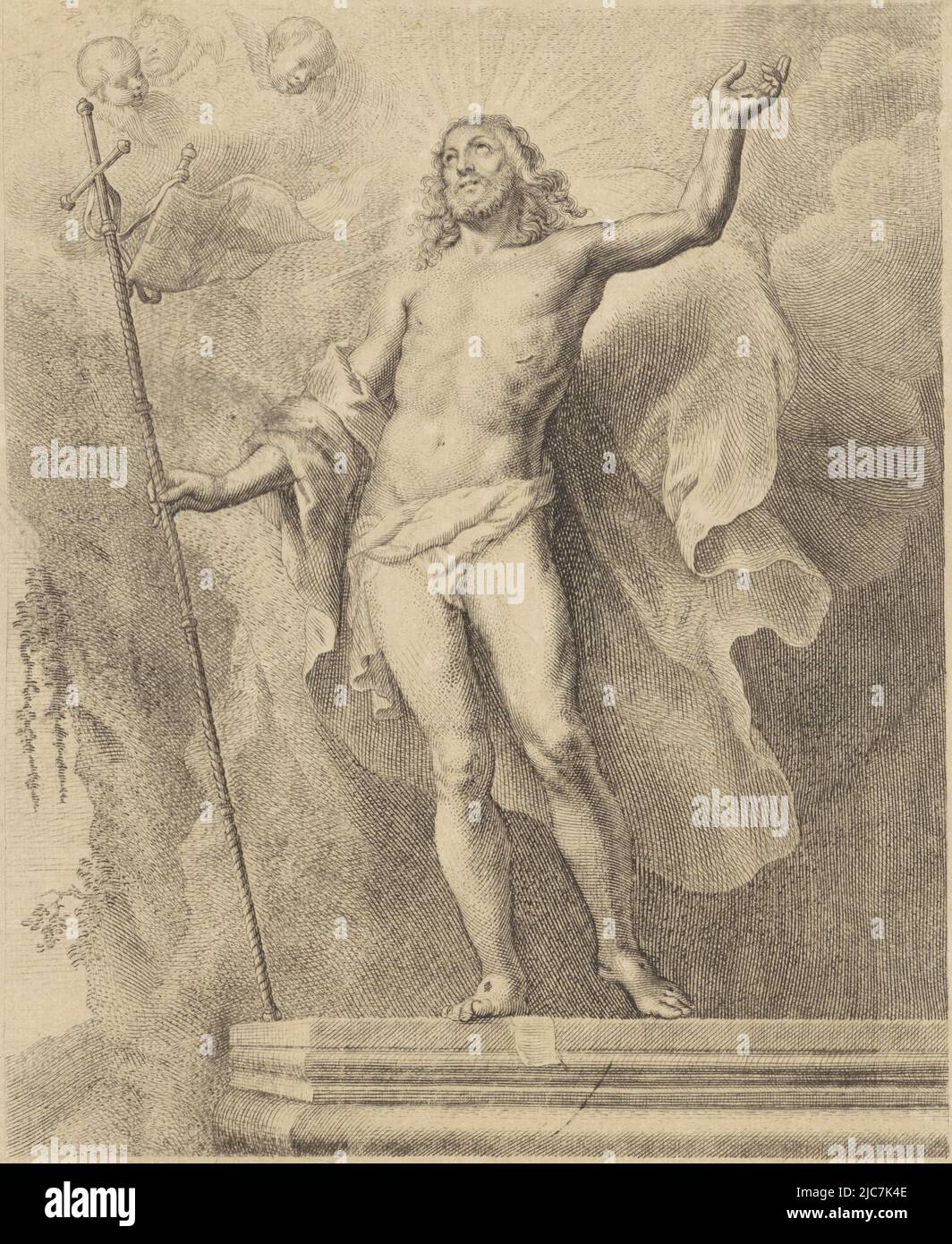 The risen Christ stands on his tomb. He looks up and holds a cross with a banner in his right hand. Above the staff are three Cherubim. In the margin a one-line, laudatory caption about the deceased painter in Latin. Resurrection of Christ, print maker: anonymous, after: Gaspar de Crayer, (mentioned on object), publisher: Cornelis Galle (II), (mentioned on object), print maker: Low Countries, after: Southern Netherlands, publisher: Antwerp, 1669 - 1678, paper, engraving, h 263 mm × w 210 mm Stock Photo