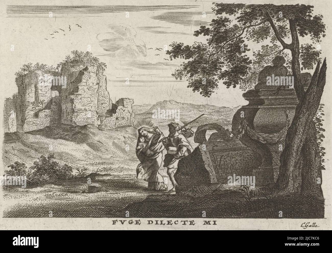 Mary and Joseph and the Christ Child walking through a landscape of Roman ruins on their way to Egypt, Holy Family on foot fleeing to Egypt, print maker: Cornelis Galle (II), (mentioned on object), print maker: Cornelis Galle (III), (mentioned on object), Antwerp, 1638 - 1678, paper, engraving, h 93 mm × w 133 mm Stock Photo