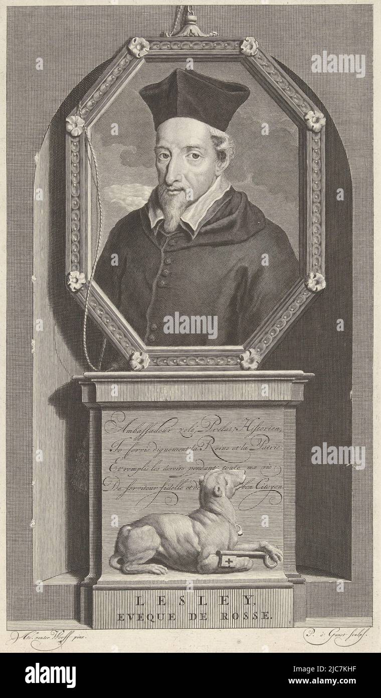 John Lesley, Bishop of Ross and champion of Mary Stuart. Below the portrait a dog holding a key. The print has as a caption a French poem about his life. Portrait of Bishop John Lesley, print maker: Pieter van Gunst, (mentioned on object), after: Adriaen van der Werff, (mentioned on object), Amsterdam, c. 1669 - 1731, paper, engraving, etching, h 318 mm × w 186 mm Stock Photo