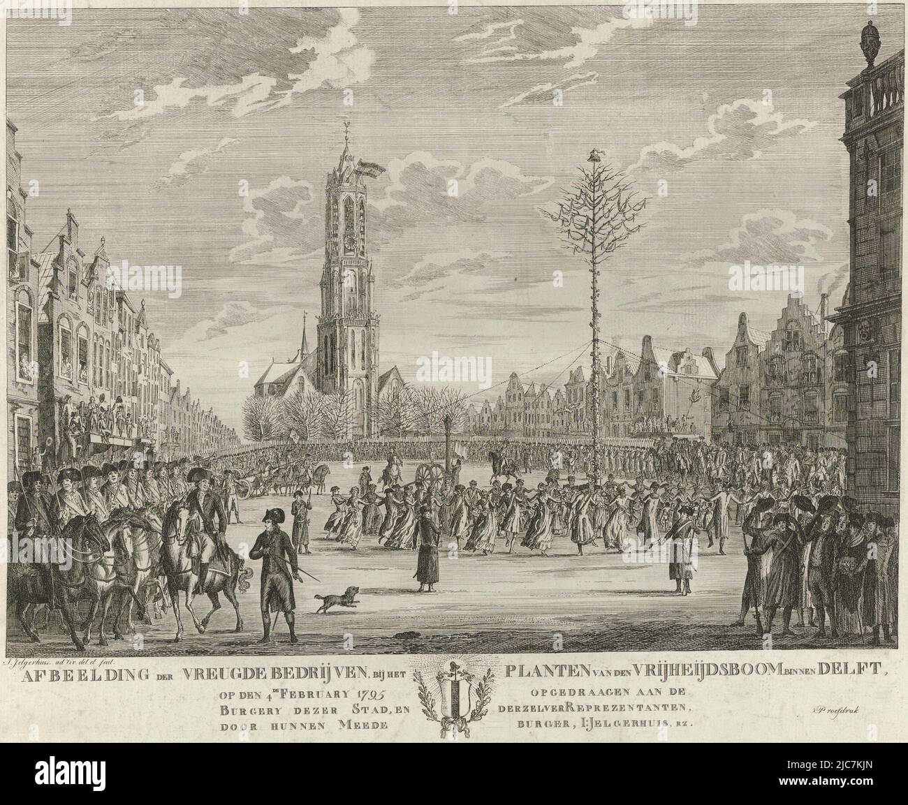 Men and women dancing around the tree of liberty placed in front of the town hall on the Grote Markt in Delft, 4 February 1795. Military personnel on horseback are lined up around the square. In the background the Nieuwe Kerk. See also the pendant, Planting the tree of liberty in Delft, 1795 Depiction of the Joy Companies, at the Planting of the Tree of Liberty within Delft, on the 4th of February 1795., print maker: Johannes Jelgerhuis, (mentioned on object), Johannes Jelgerhuis, (mentioned on object), burgerij van Delft, (mentioned on object), Northern Netherlands, 1795, paper, etching Stock Photo