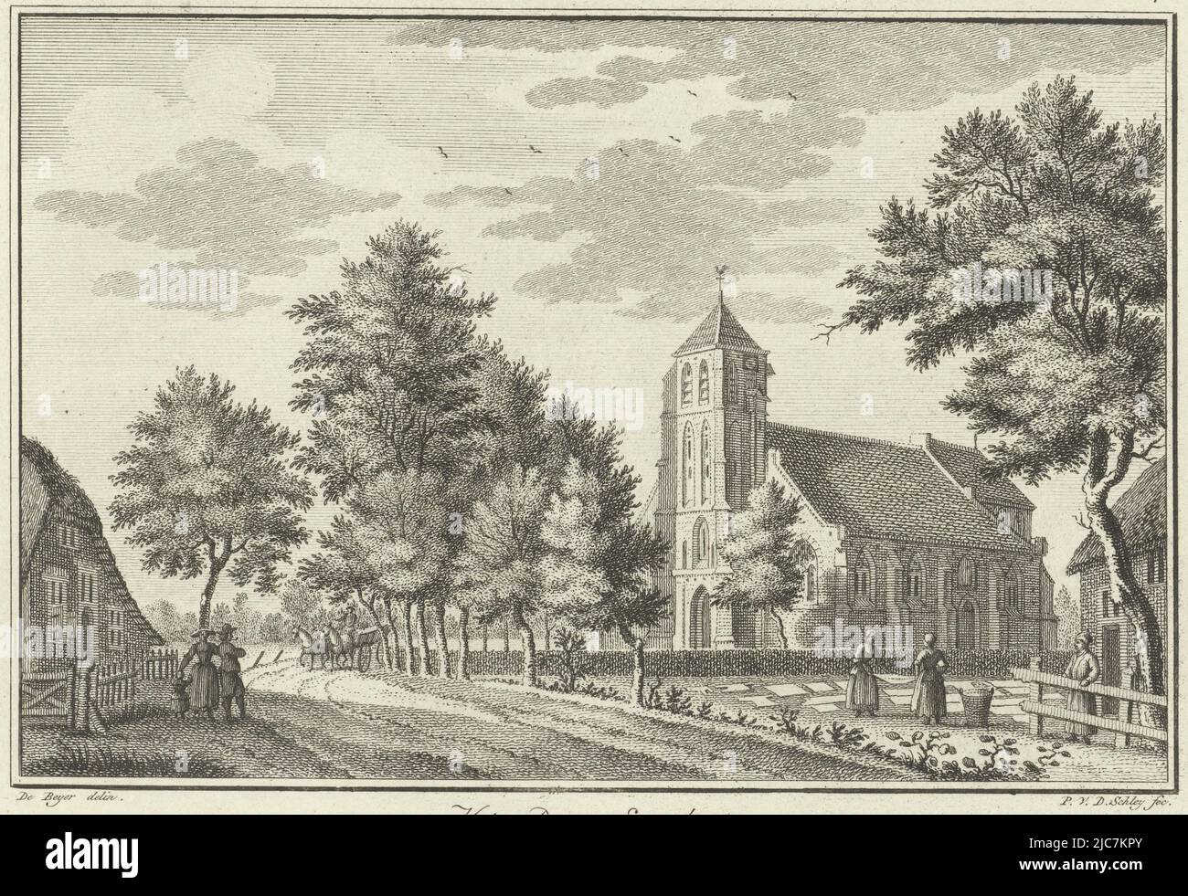View of the village of Enspijk in Gelderland, with the church on the right. In the foreground women drying laundry in the sun. View of Enspijk The Village of Enspyk , print maker: Philippus van der Schley, (mentioned on object), intermediary draughtsman: Jan de Beijer, (mentioned on object), Netherlands, 1734 - 1817, paper, etching, h 145 mm × w 207 mm Stock Photo