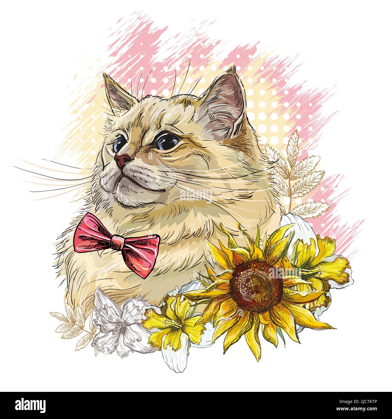 Cat head with bow tie and sunflowers. Hand drawn style print. Vector illustration isolated on white background. T-shirt composition, print, design, st Stock Vector