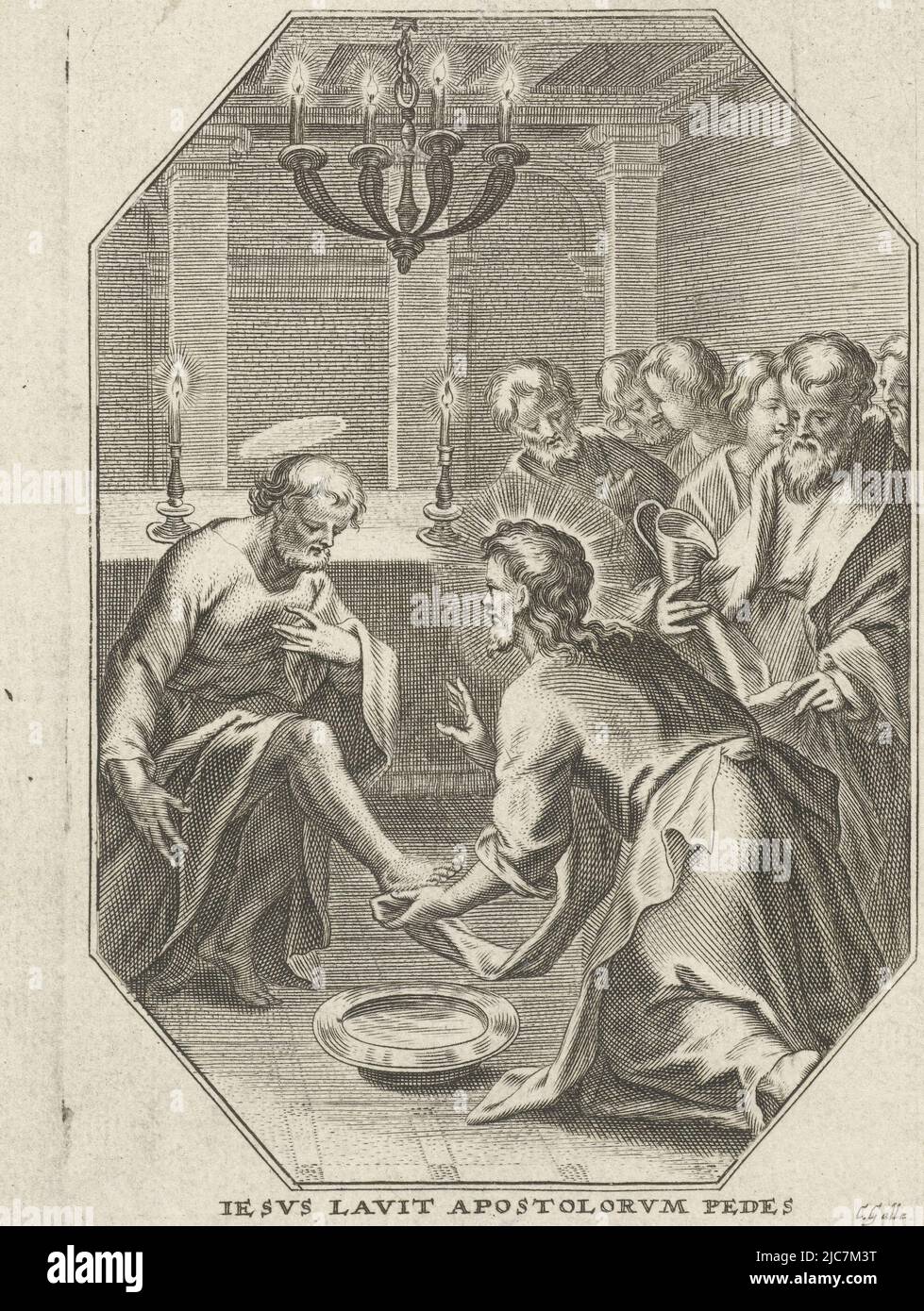 Christ washes the apostles' feet one by one. He kneels on the ground and dries the feet of the first apostle with a cloth. First print in a series of 13, depicting scenes from the Passion of Christ, Footwashing Iesvs lavit apostolorvm pedes The Passion , print maker: Cornelis Galle (I), (mentioned on object), Southern Netherlands, 1586 - 1650, paper, engraving, h 135 mm × w 95 mm Stock Photo