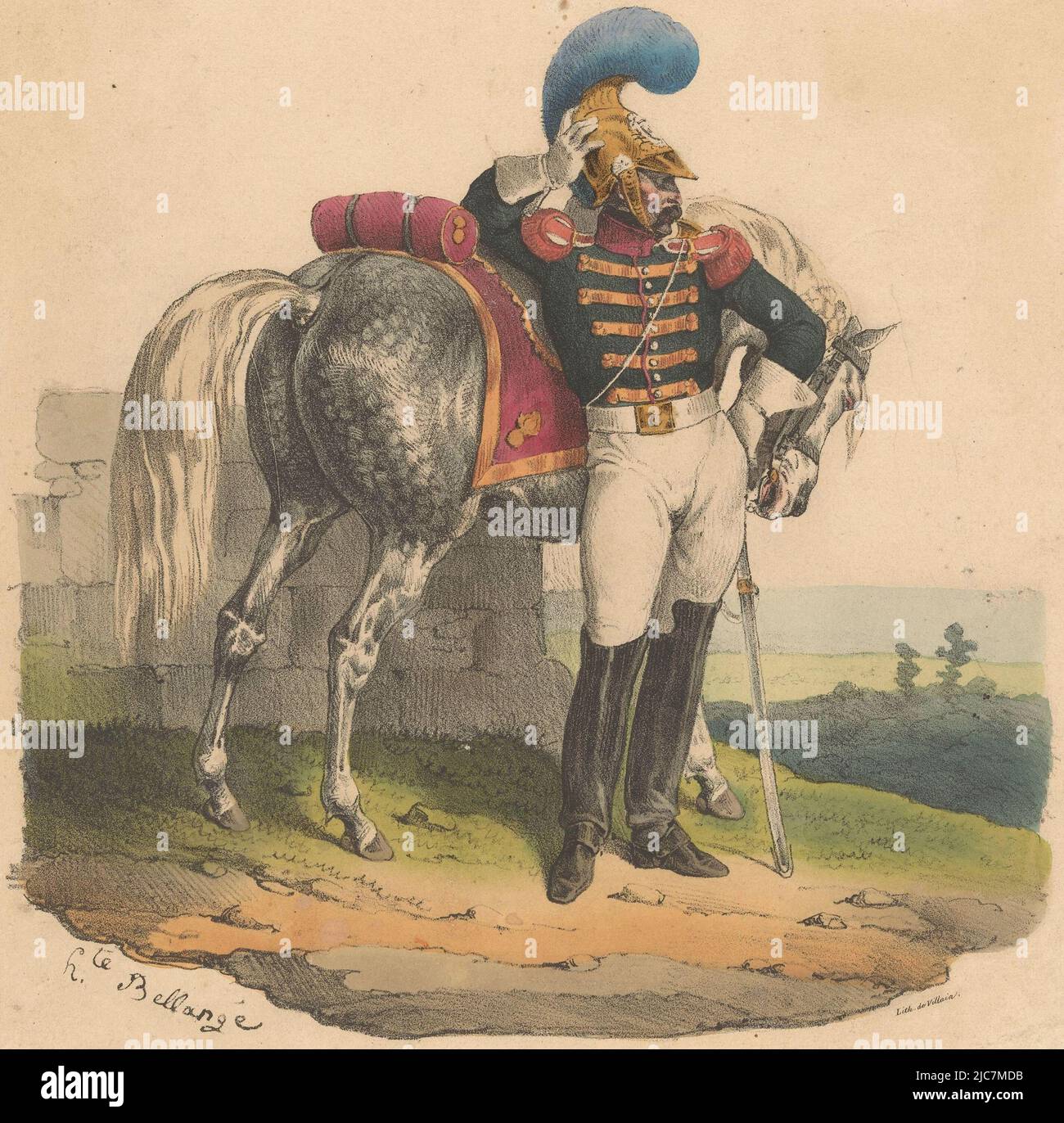 Trumpeter of the carabiniers with horse Trompette des carabiniers , print maker: Hippolyte Bellangé, (mentioned on object), printer: François Jean Villain, (mentioned on object), Paris, 1818 - 1852, paper, h 286 mm × w 249 mm Stock Photo