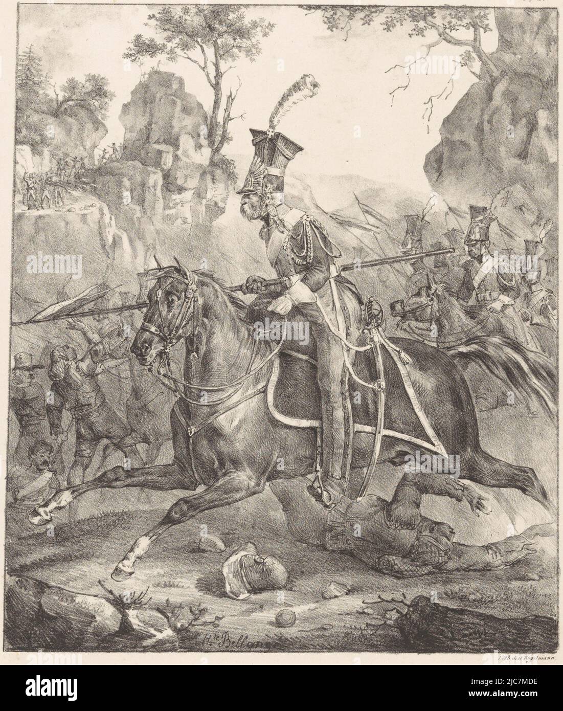 Polish lancer in full gallop on the battlefield Lancier polonais en grande tenue Uniforms of the former imperial guard , print maker: Hippolyte Bellangé, (mentioned on object), printer: Gottfried Engelmann, (mentioned on object), Paris, 1820, paper, h 553 mm × w 368 mm Stock Photo