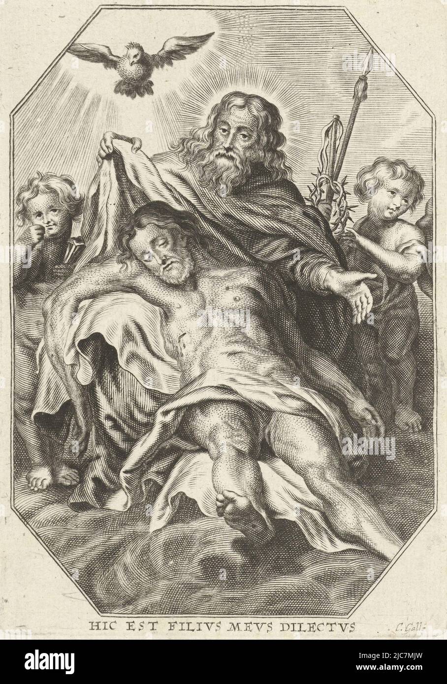 God the Father with the body of Christ in his lap. Above them hovers the Holy Spirit in the form of a dove. On either side two angels bearing the instruments of the passion. God the Father with the body of Christ, print maker: Cornelis Galle (II), (mentioned on object), print maker: Cornelis Galle (III), (mentioned on object), Antwerp, 1638 - 1678, paper, engraving, h 132 mm × w 93 mm Stock Photo