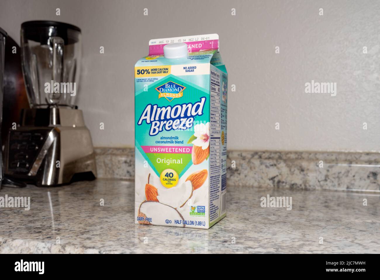 Victorville, CA, USA June 10, 2022 A half gallon carton of Almond