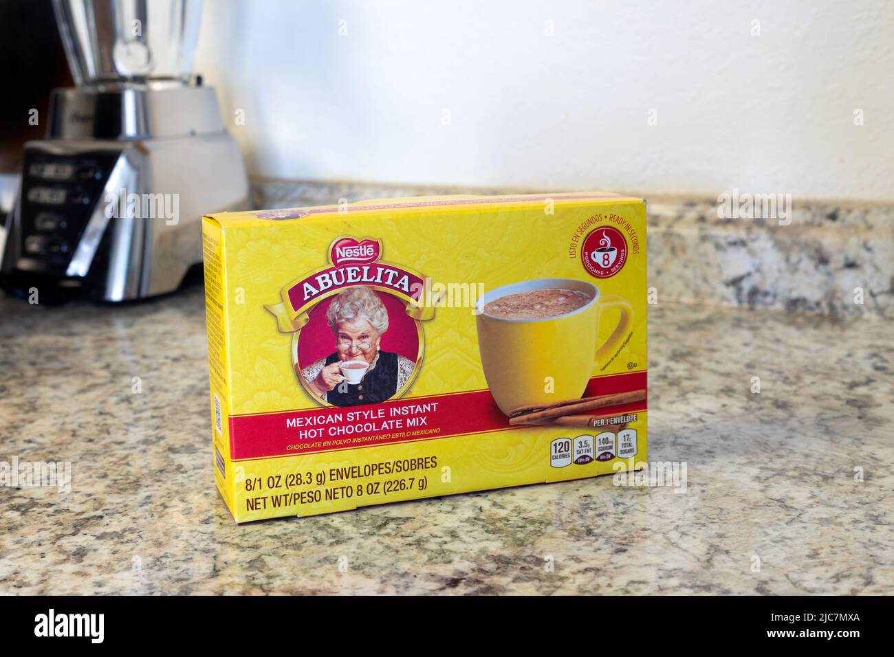 Victorville, CA, USA – June 10, 2022: A box of Nestle Abuelita Mexican style instant hot chocolate mix on a kitchen countertop. Stock Photo
