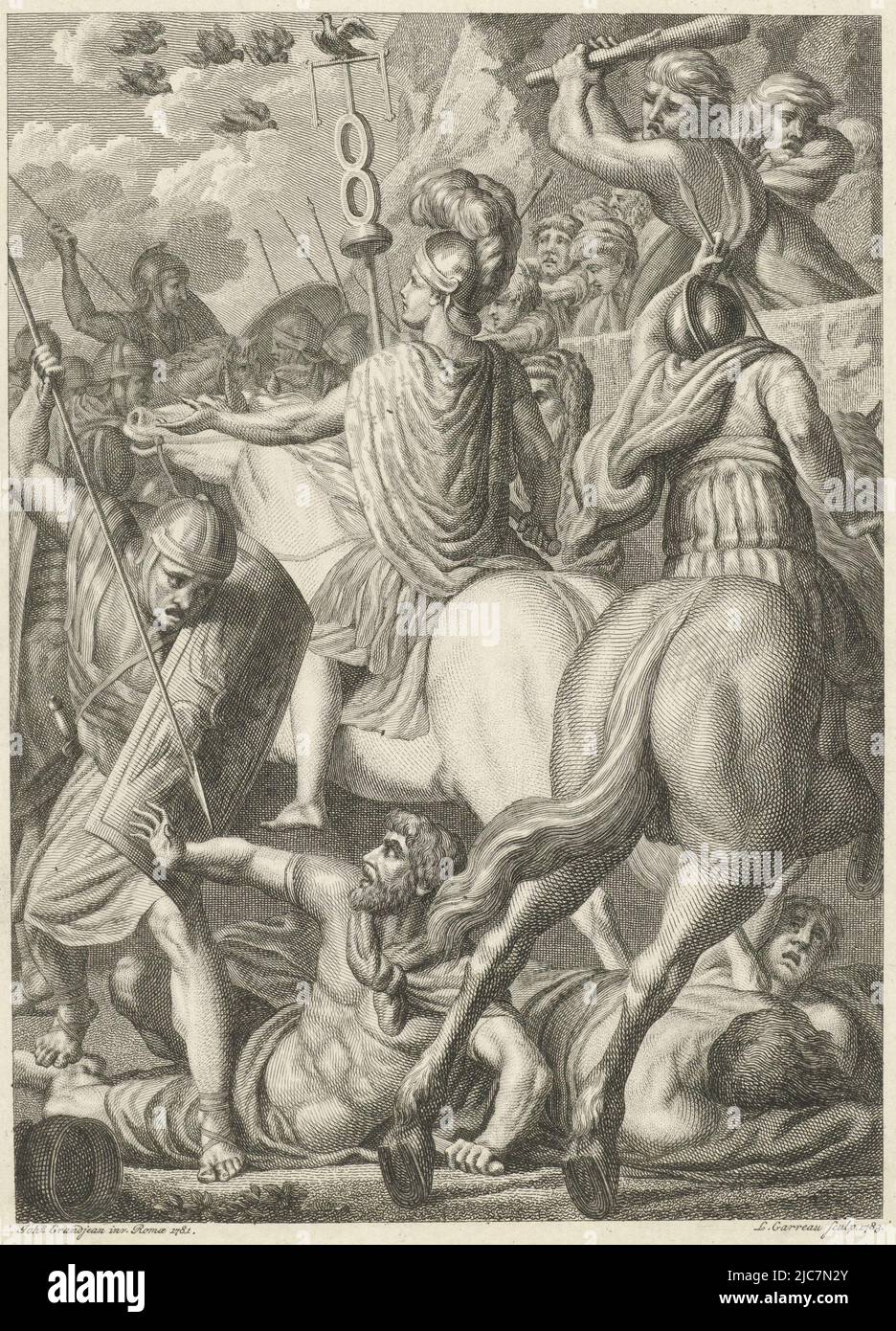 Germanicus sees six eagles in the sky during a battle. He gives the order to follow the eagles. Thus he prevents an ambush planned by the Germanic army. The Roman army then crushes the Germanic opposition. The print is part of the history of General Germanicus, Germanicus during a battle with Germanic people. History of Germanicus , print maker: Louis E.F. Garreau, (mentioned on object), after: Jean Grandjean, (mentioned on object), Amsterdam, 1783, paper, etching, engraving, h 186 mm × w 138 mm Stock Photo